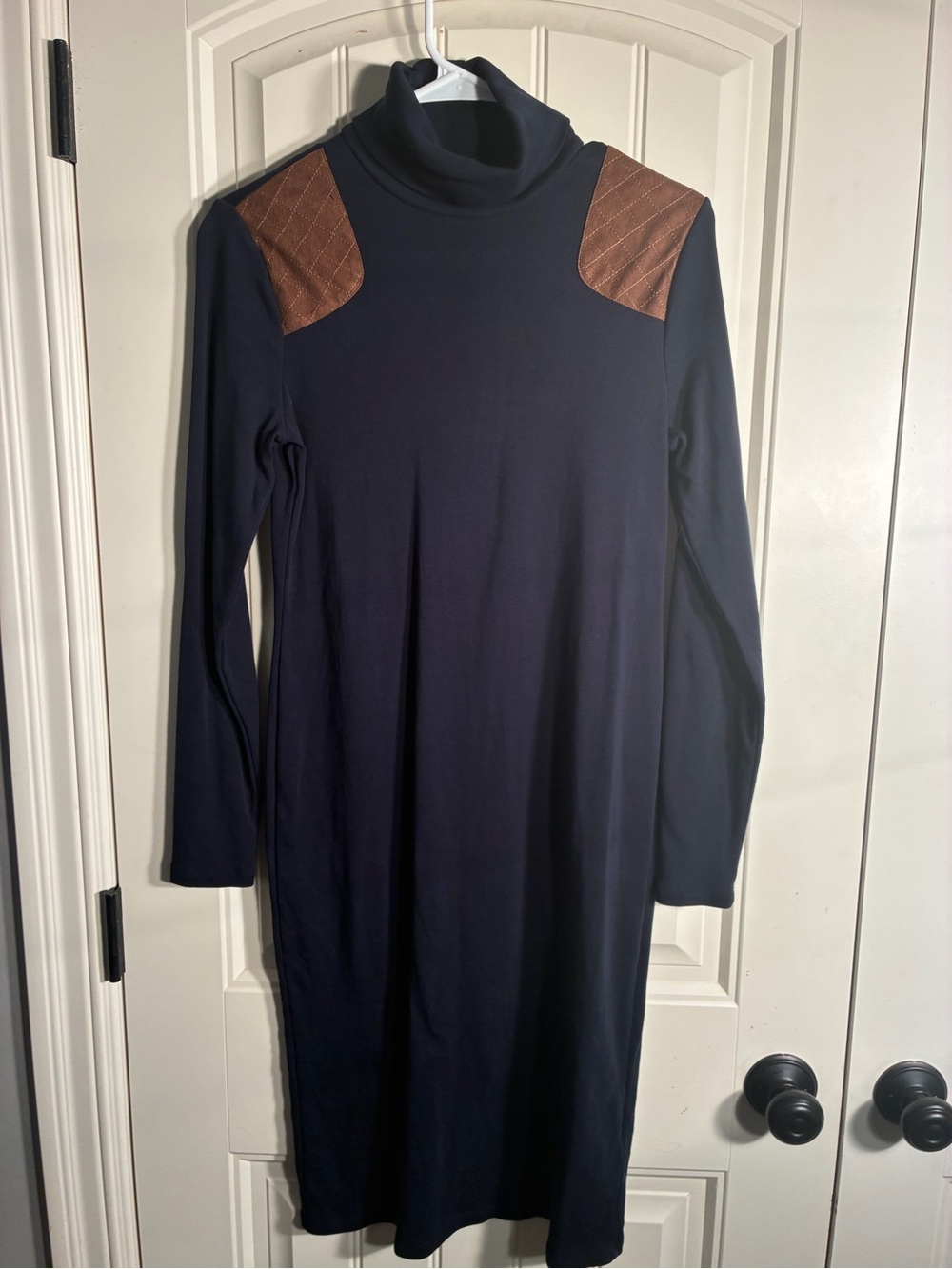 Ralph Lauren Navy Turtleneck Dress with Brown Quilted Shoulder Accents sz medium